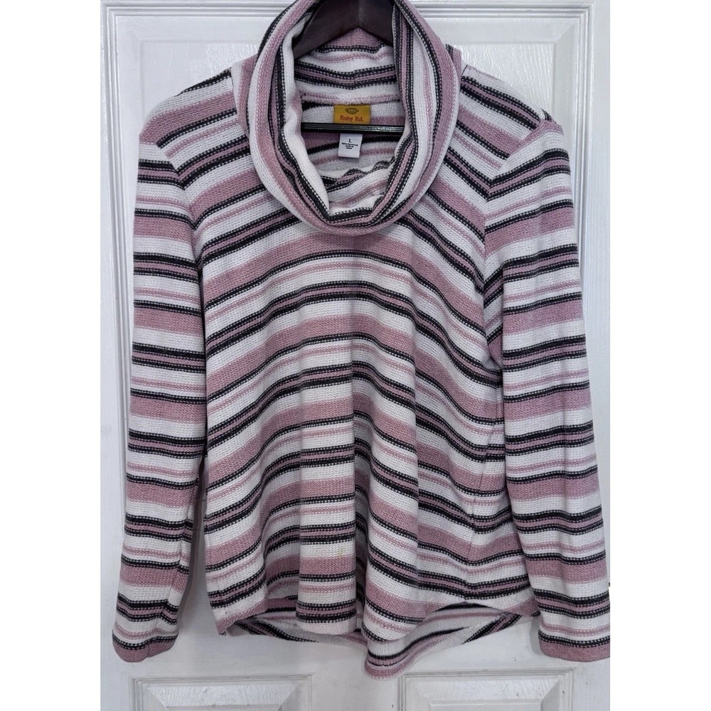 Ruby Rd Sweater Women's Size L Pink White Cowl Neck Long Sleeve Super Soft Shell